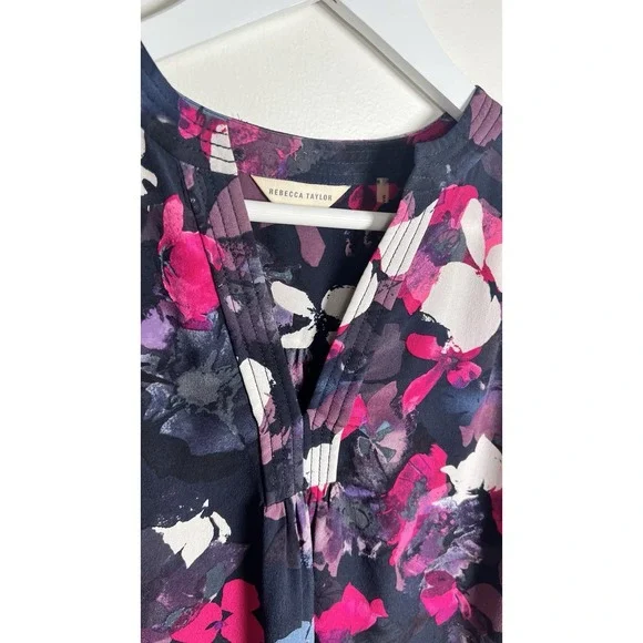 Rebecca Taylor Size‎ 2 Black Floral 100% Silk Tunic Blouse 3/4 Sleeves High Low - Picture 5 of 9